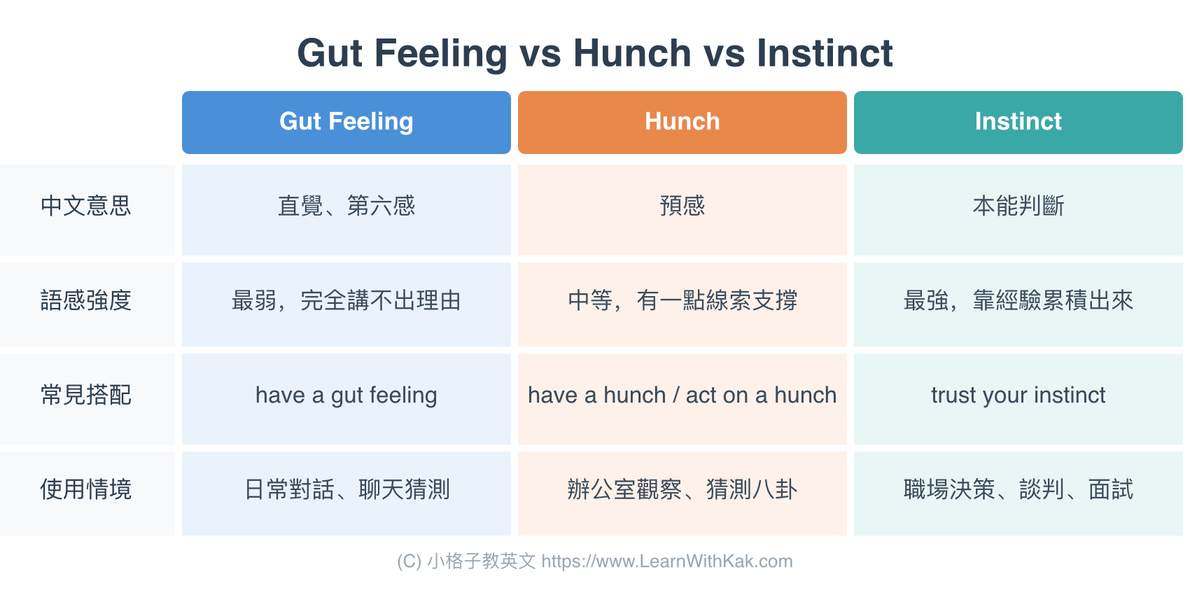 Gut Feeling vs Hunch vs Instinct 比較表